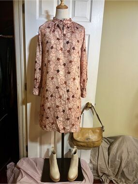 New Brooke Wright Dusty Rose Brown Fleur Mollie Mod Shabby Chic Shift Dress XS